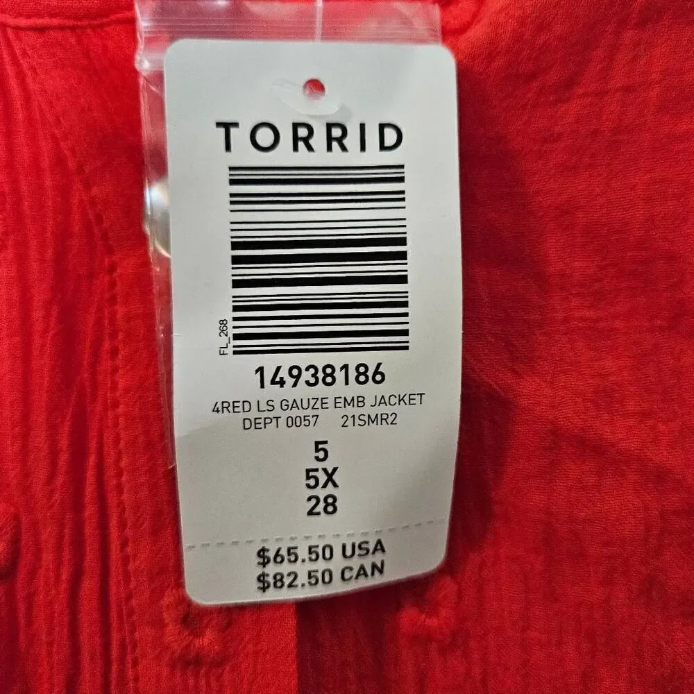 Torrid Red Gauze Embroidered Jacket 5X NWT